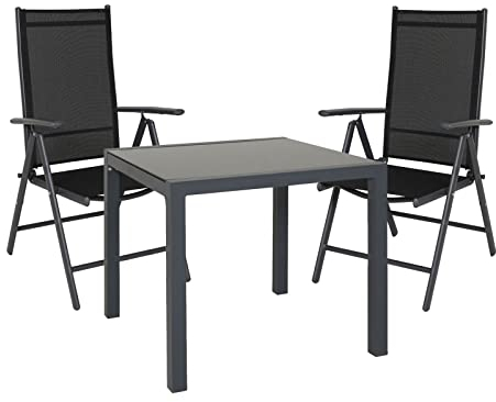 SVITA Essgruppe mit 2 Stühlen + Gartentisch im Set | Gartenmöbel Sitzgruppe | Aluminium-Rahmen, Klappbar, Verstellbare Rückenlehne, Sicherheitsglas
