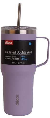 Décor Stainless Steel XL Travel Tumbler Vacuum Insulated for Superior Thermal Performance. Slide Open/Close 2 in 1 Cap for Straw and spout. 24 Hour Cold Rating. Lavender Extra Large 880ml Capacity.