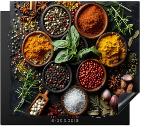KitchenYeah© Herdabdeckplatte Einteilig Induktionsmatte Küche Abdeckung Ceranfeld Herd Abdeckplatte Deko Vinyl Matte Aufrollbar Kräuter - Küche - Paprika - Kochen - 57x51 cm