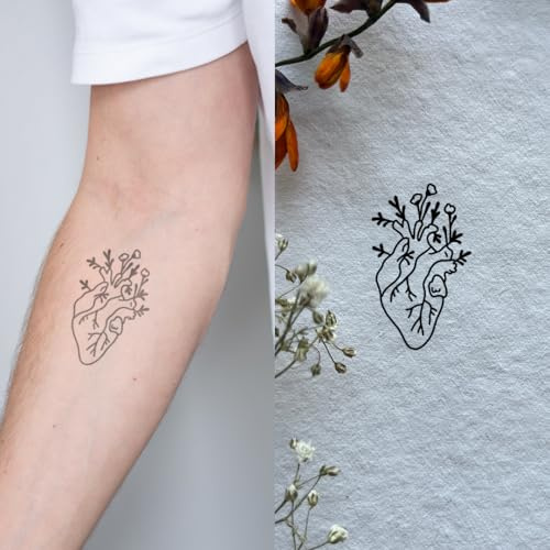 Echtes Herz mit Blumen - Inkster Tattoo | vegane & wasserfeste Temporäre Tattoos für Erwachsene - EU-Kosmetikzertifizierte Farbe - revolutionäres 2 Wochen Tattoo | Premium Klebetattoos