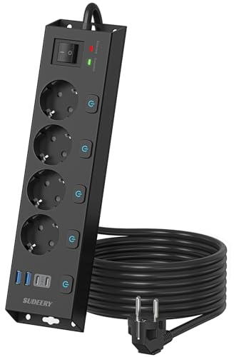 Ciabatta elettrica a 4 scomparti, montaggio a parete con USB C, presa multipla 4 USB con commutazione singola, presa multipla con protezione da sovratensione, cavo da 2 m (nero)