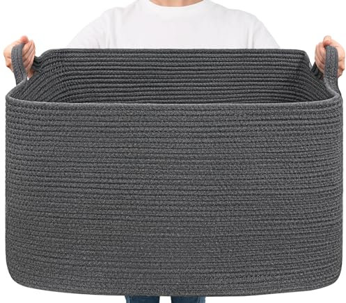 Extra Large Storage Basket, Laundry Basket, Rectangle Cotton Rope Woven Baskets for Toys, Blankets, Towels, 60 x 40 x 35 cm, 85 L, Dark Grey