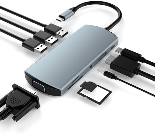 Hub USB C 9 en 1 : station d'accueil USB C multiport adaptateur avec HDMI VGA 2 ports USB 2.0 USB3.0 type C PD SD/TF cartes AUX 3,5 mm compatible avec plus d'appareils de type C