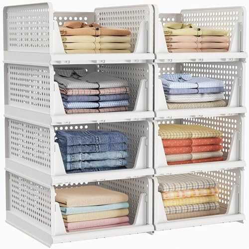 HOMIDEC Wardrobe Storage Organiser, 8 Pack Folding Storage Boxes, Stackable Storage Drawers Baskets Clothes Storage, Plastic Cupboard Organiser, Closet Organiser Shleves for Bedroom Wardrobe