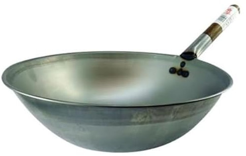 CateringBase Commercial Flat Bottom Carbon Steel Wok, 33 cm, with Wooden Handle