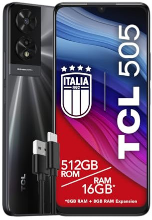 TCL 505 - Smartphone 4G Display 6.75 HD+ 90Hz, 512GB, 16GB RAM (8+8GB RAM expansion), 50Mp Hybrid camera, Android 14, Batteria 5010 mAh, Dual Sim, Space Grey, Cavo USB Type-C Aggiuntivo