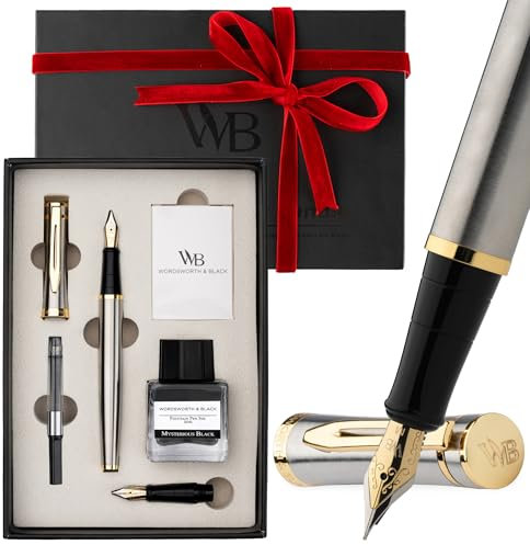 Wordsworth & Black Fountain Pen Set,18K Gilded Medium and Extra Fine Nib,25ML Black Ink Bottle,6 Ink Cartridges,Refill Converter,Gift Box,Smooth Writing Pens [Silver Gold],Gift Set for Men and Women