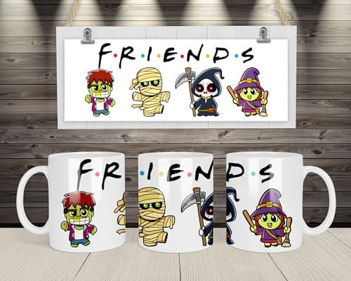 Friends TV Show Themed Ceramic Coffee Mug Set, Halloween Monsters Design, Bubble Tea Characters, Fast Food Design, White, 11oz