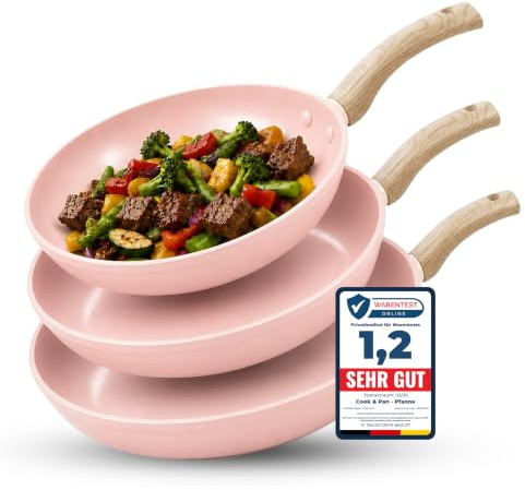 Cook&Pan Pfannenset Induktion - Keramikpfanne mit [Greenshield] Antihaftbeschichtung PFAS & Teflon-frei - Bratpfanne 20/24/28cm, Non Stick Pan [Spülmaschinenfest] - 3-teilig Rose