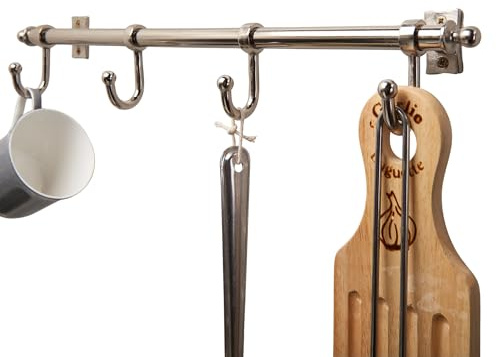 keypak Wall-Mounted Metal Kitchen Rail, 4 Satin Nickel Hooks, Utensil & Mug Hanger, Hanging Rack for Cups, Pots, Pans & Towels