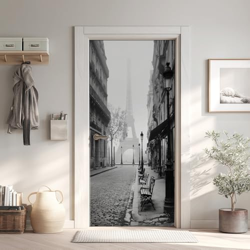Rue Paris Blanc Noir Poster de Porte 3D Trompe L'oeil 73x205 cm, Scène de Rue Auto-Adhésif Sticker Porte pour Chambre Cuisine, Tour Eiffel Stickers Autocollants de Porte