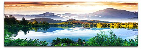 Paul Sinus Art Panoramabild auf Leinwand und Keilrahmen 150x50cm Bergsee Berge Wald Sonne Spiegelung