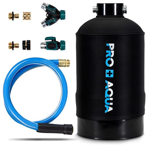 PRO+AQUA Addolcitore d'acqua portatile per camper, 16.000 grani, resina ad alta capacità pre-riempita, scudo in neoprene, con connettori, protegge i sistemi idrici RV da depositi di acqua dura