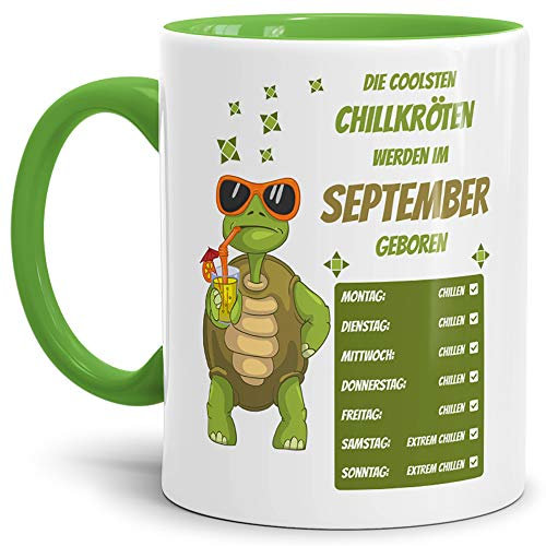 Tassendruck Geburtstags-Tasse Die Coolsten Chillkröten Werden im September Geboren Innen & Henkel Hellgrün - Mug/Cup/Becher/Lustig/Witzig/Geschenk-Idee