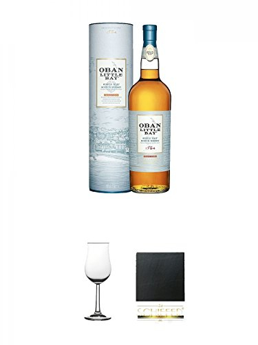 Oban Little Bay Single Malt Scotch Whisky Small Cask 1,0 Liter + Whisky Nosing Gläser Kelchglas Bugatti mit Eichstrich 2cl und 4cl 1 Stück + Schiefer Glasuntersetzer eckig ca. 9,5 cm Durchmesser