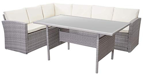 Mendler Poly-Rattan-Garnitur HWC-A29, Gartengarnitur Sitzgruppe Lounge-Esstisch-Set Sofa - hellgrau, Kissen Creme