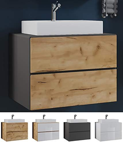 VCM 2-TLG. Waschplatz Waschtisch Badmöbel Set Waschbecken Lendas S Schublade 80, Honig-Eiche