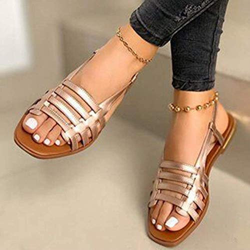 MIAOXIAO Sandales Plates Chaussures Tongs Plage Nu Pieds à Talons Plats Compensées Bout Ouvert Sangle Cheville Femmes Été Claquettes,A,EU 42.5