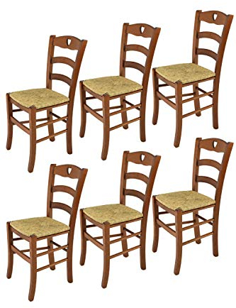 t m c s Tommychairs - Set 6 chaises Cuore pour Cuisine, Bar et Salle à Manger, Robuste Structure en Bois de hêtre peindré en Couleur Noyer Clair et Assise en Paille