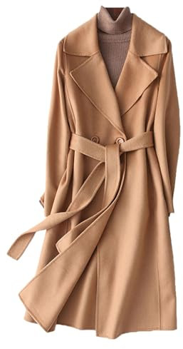 GL SUIT Damen-Wintermantel aus 100 % Wolle, leicht, einfarbig, klassisch, gekerbt, Revers, schlank, warm, mittellang, Wollmantel mit Gürtel, Camel, Größe S