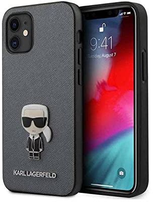 KARL LAGERFELD CG Mobile PU Saffiano Hülle mit Metallpin Iconik, Kratzfest, Stoßdämpfung & Fallschutz Cover für Apple iPhone, offiziell lizenziert (12 Mini (5,4 Zoll), Silber)