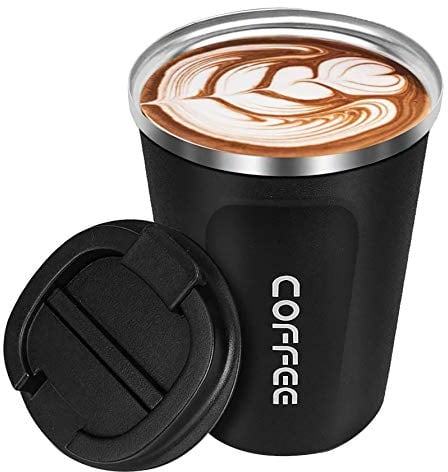 Insulated Coffee Cup, Senelux Double Walled Insulated Stainless Vacuum Coffee Travel Mug with Leakproof Flip Lid Keep Coffee Tea Hot and Soft Drink Cold 13oz 380ml Black