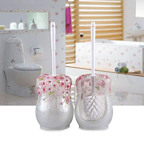 Porte-Brosse de Toilette en Fil de nylonFleurs Grises et Roses Balai de Toilette,Antibactérienne balayette WC Ensemble Brosse de Toilettes à Manche Long avec Support Hygiénique sans RayuresAu Sol