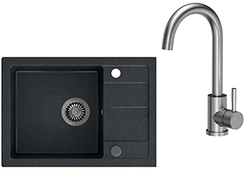 VBChome Évier en granit noir avec robinet, 62 x 44 cm, simple, encastrable, réversible, avec siphon, distributeur