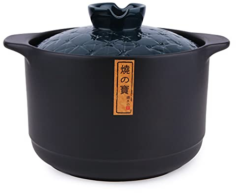 Lake Tian Ceramic Cooking Pot, Clay Cooking Pot, Japanese Donabe, Chinese Ceramic/Casserole/Clay/Earthen Cookware Stew Pots Stockpot with Lid, Blue, 5.5L/5.8QT