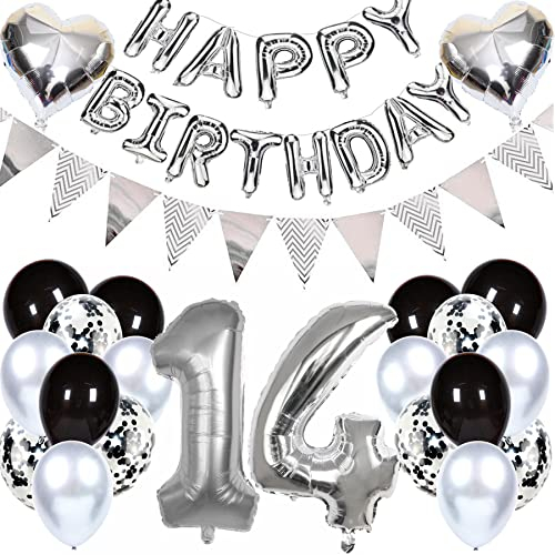 Ouceanwin Geburtstagsdeko 14 Jahre Mädchen Junge, Luftballon 14. Geburtstag Dekoration, Folienballon Zahl 14 Silber, Helium Ballon Happy Birthday Girlande für 14. Geburtstag Party Deko