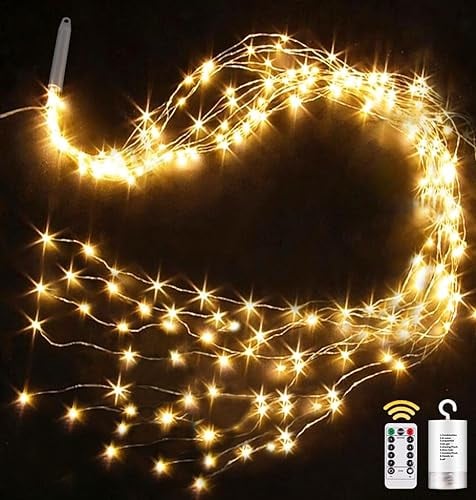 yowin Lichterkette Klein 1M 100 LED Lichterschweif mit Batterie, Timer, Fernbedienung, Lichterstrang 8 Modi Wasserfall Lichterkette Wasserdicht Lichterbündel für Gießkanne Baum Außen Innen Deko