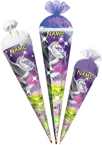 alles-meine.de GmbH Schultüte mit Glitzer - Effekt ! Magic Pegasus/Einhorn 35-85 cm Größe wählbar mit Holzspitze inkl. Name - Zuckertüte - Tüllabschluß/Filzabsc..