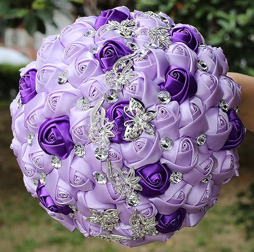 Sharebeauty 21,1 cm handgefertigter Satin-Rosenstrauß, rund, für Hochzeiten, Blumenstrauß, Überwurf, künstliche Blumenstrauß, Hellviolett + Violett