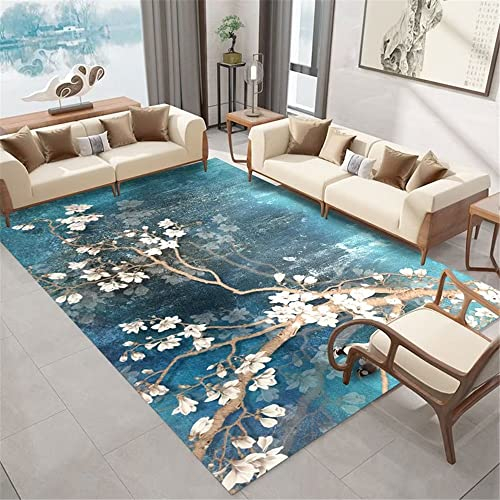 DJHWWD Teppich Pastell blau esszimmer deko webteppich Teppich Salon Blau Blumen Vintage Teppich Esszimmer Milbenbeständig 60X90CM Kinder Teppiche Balkon Teppich Wasserfest