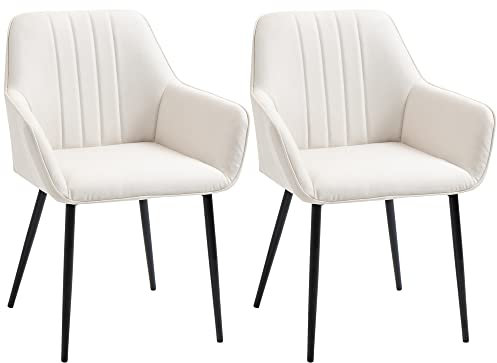 HOMCOM Chaises de Salle à Manger Chaises de Visiteur Design scandinave - Lot de 2 chaises - Pieds effilés métal Noir - Assise Dossier accoudoirs ergonomiques Lin Beige