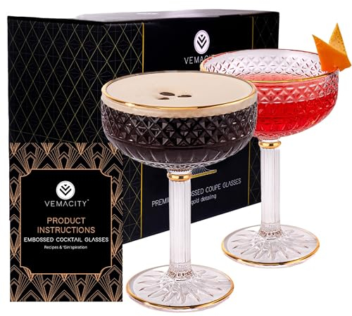 Vemacity Luxus Coupe Cocktailgläser Set | 2 Geprägte Champagner- & Cocktailgläser mit Goldrand & Rezept E-Book | Martini-Gläser | Perfekt als Cocktailglas für Espresso Martini