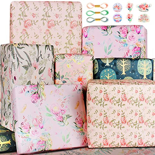Papier cadeau d'anniversaire pour femme et fille, avec motif de fleurs pastel, violet, rose, vert, papier cadeau naturel à offrir, lot de papier cadeau, papier cadeau d'anniversaire avec nœud