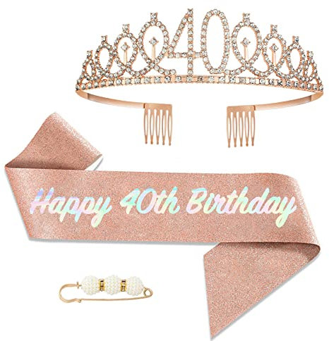 POPOYU 40th Birthday Queen Sash and Tiara,Rose Gold 40th Birthday Crown and Sash for Her,Women 40thBirthday Decorations Party Accessories,BirthdayCrown Costume Set for Women 40th.Birthday Gifts