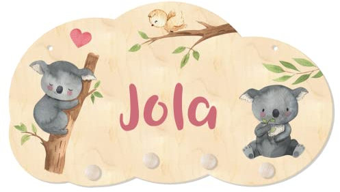 Personalisierte Kindergarderobe 'Koalabär' aus Holz mit vier Kleiderhaken, Garderobe für Kinder mit Wunschnamen, Motiv Koala, ca. 35 x 20 cm (Rosa)