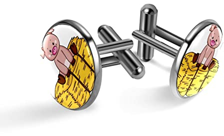 Juego de gemelos para boda, negocios, lindo cerdo de dibujos animados sentado en paja, juego de gemelos para hombres, 20mm*20mm, Acero inoxidable, Cuarzo creado