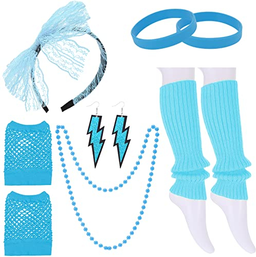 Heyu-Lotus 80s Fancy Dress Costumes Accessories for Women,Leg Warmers Fishnet Gloves Bow Headband Wristbands Bracelet Earrings Neon Set for 1980s Retro Theme Party