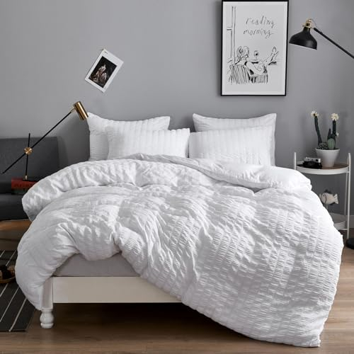 Freyamy Seersucker Bettwäsche 200x220cm 3teilig Weiß Geprägt Streifen Strukturiert Bettwaren-Sets Uni Gebürstet Microfaser Weiche Bettbezug mit Reißverschluss und 2 Kissenbezug 80x80cm