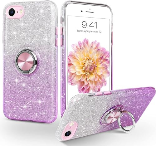 MOBISTAR® Bling Glitter Case for iPhone 7/8 / SE 2022 4.7’’ - Sparkly Slim with 360° Ring Holder Kickstand Support Magnetic Car Mount Protective Cover (Purple)