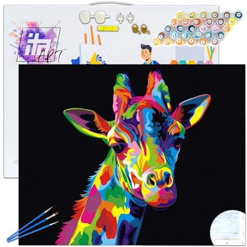 ITA Art Malen nach Zahlen Komplett Set mit Keilrahmen, Acrylfarben, Pinseln, Zubehör, Geschenkbox - DIY Gemälde Bastelset Kit mit Leinwand für Erwachsene, 30x40 cm, Pop-Art Giraffe