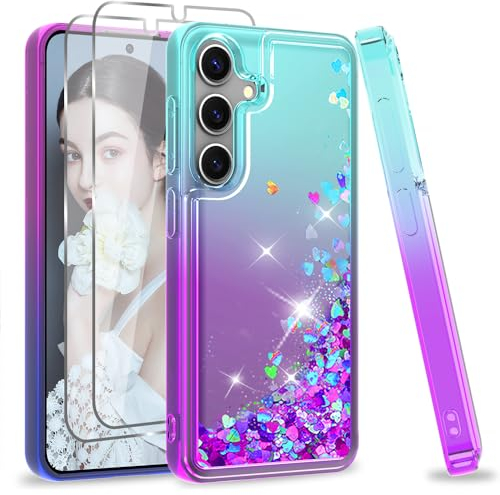 LeYi Glitzer Hülle für Samsung Galaxy S24 5G Handyhülle [2 Schutzglas Schutzfolie] Glitter Flüssig Cover Bling Eckenschutz Stoßfest Schutzhülle S 24 5 G Case Handy Hüllen Frauen Türkis Lila