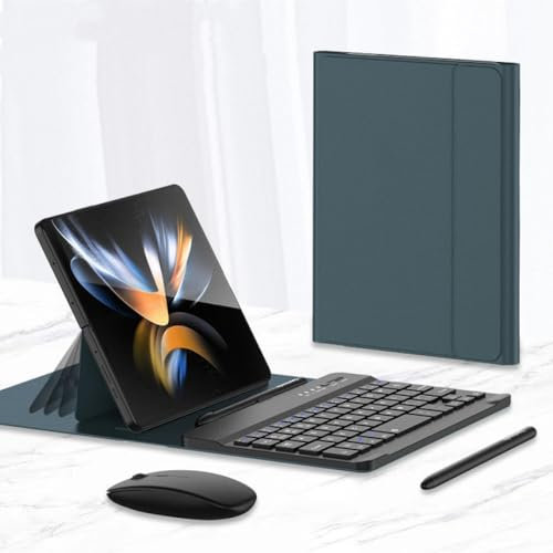 Wireless Keyboard For Samsung Galaxy Z Fold 6 5 4 3 2 Magnetic Folding Flip Stand Leather Keyboard Cover With Pen and Mouse,A Green 2 With Mouse, For Samsung Galaxy Z Fold 3