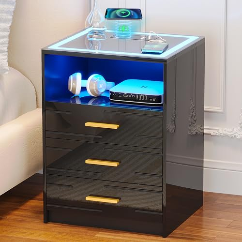 Figbird Black LED Bedside Table with Wireless Charging Station, Modern Nightstand Glass Top, High Gloss Smart Sofa Side End Table with 3 Drawers for Living Room Bedroom
