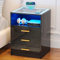 Figbird Black LED Bedside Table with Wireless Charging Station, Modern Nightstand Glass Top, High Gloss Smart Sofa Side End Table with 3 Drawers for Living Room Bedroom