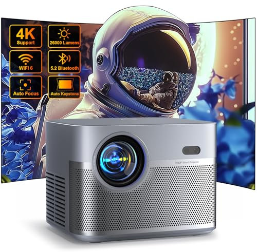 [Auto Focus & Keystone] Projector 4K, WiFi Bluetooth 26000L, VISPPL Native 1080P Outdoor with Dual 36W Hi-Fi Speaker, Fully Sealed Optics, Projector for TV Stick/iOS/Android