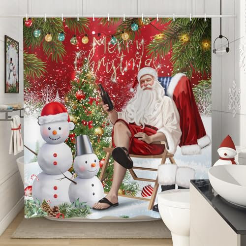 ASDCXZ Weihnachten Duschvorhang 180x200 cm, Lustig Weihnachtsmann im Urlaub Schneemann Weihnachtsbaum Waschbar Bad Duschvorhänge Polyester Textil Wasserdicht Duschvorhang für Badewanne mit 12 Haken